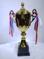 gold trophy cup with red white and blue ribbons